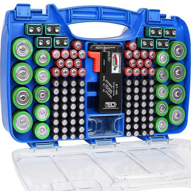 The Battery Organizer Storage Case with Hinged Clear Cover, Includes a Removable Battery Tester, Holds 180 Batteries Various Sizes Blue…, Model Number: TBO2705