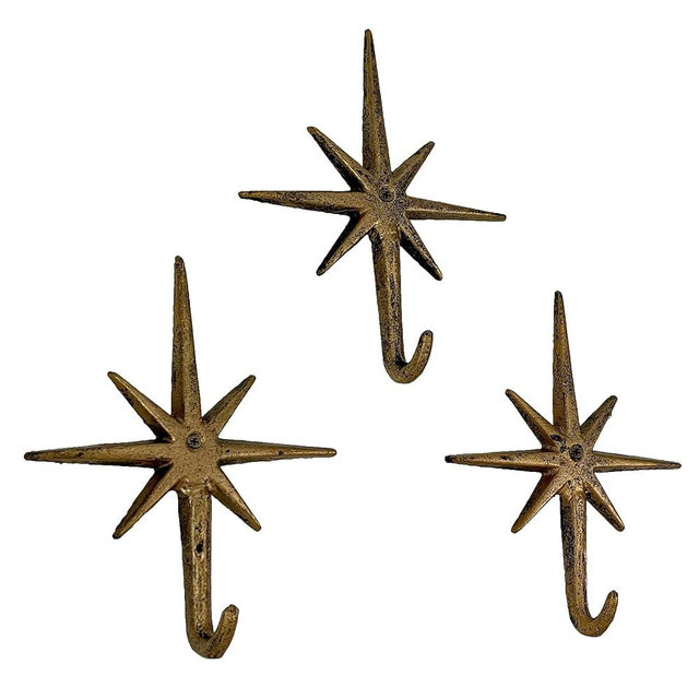 Set of 3 Gold Finish Cast Iron 8-Pointed Atomic Starburst Wall Hooks - Mid-Century Modern Elegance - Easy Install - Perfect for Vintage and Eclectic Decor
