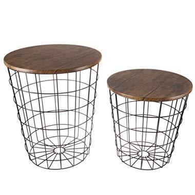 Lavish Home 80-ENDTBL-2 (Set of 2) Nesting End Storage Convertible Round Metal Basket Wood Veneer Top Accent Side Tables, Dark Brown