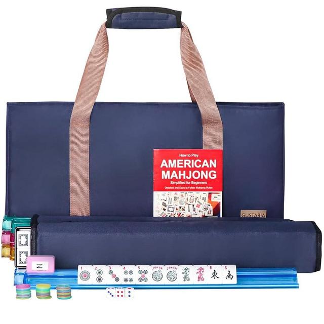 GUSTARIA American Mahjong Game Set, 166 Premium White Tiles, 4 All-in-One Color Rack/Pushers, Complete Mahjongg Set Blue Carrying Bag