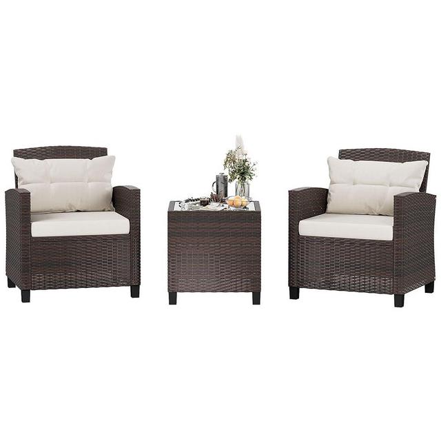 Shintenchi 3 Pieces Patio Furniture Set 3 Pieces PE Rattan Wicker Chairs with Table Outdoor Furniture for Backyard/Garden/Poolside/Outdoor Restaurant Brown Rattan with White Cushion