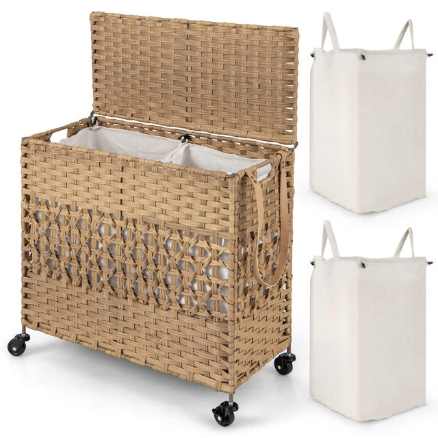 Costway 110L Laundry Hamper with Wheels Clothes Basket Lid & Handle & 2 Liner Bags Natural