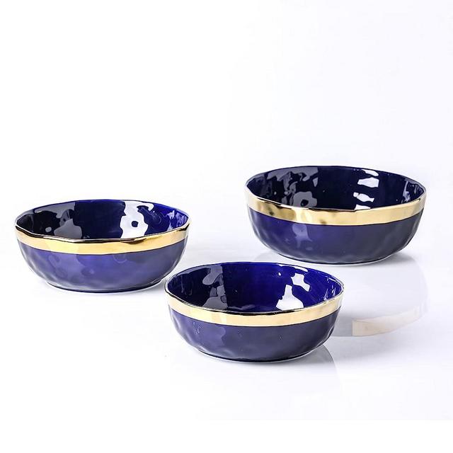 Stone Lain Florian Porcelain 3-Piece Round Bowl Service Set, Blue