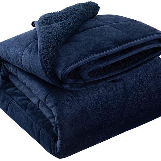 HBlife Sherpa Fleece Weighted Blanket for Adults, Oeko-Tex Certified 10 lbs Thick Fuzzy Bed Blanket, Heavy Reversible Soft Fluffy Plush Blanket with Premium Glass Beads 50X60 Inches, Dual Sided Navy