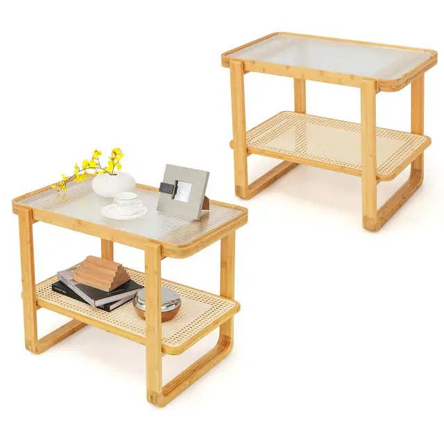 Tangkula 2pcs 2-tier Bamboo Side Table w/ Glass Top End Table w/ PE Rattan Shelf Home Sofa Side Table w/ Storage Nightstand Bedside Table