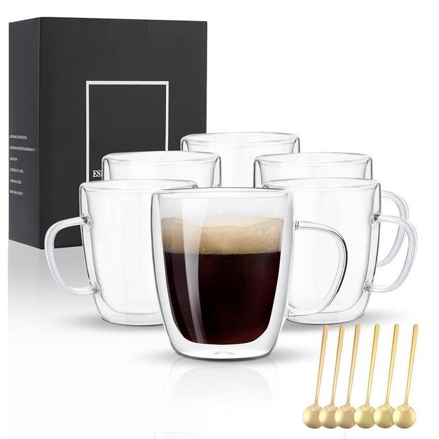 VENVENWEAVS Glass Coffee Mugs Set Of 6, 13.5 OZ Insulated Double Wall Coffee Cups, Perfect for Cappuccino, Latte, Americano, Tea Bag, Beverage