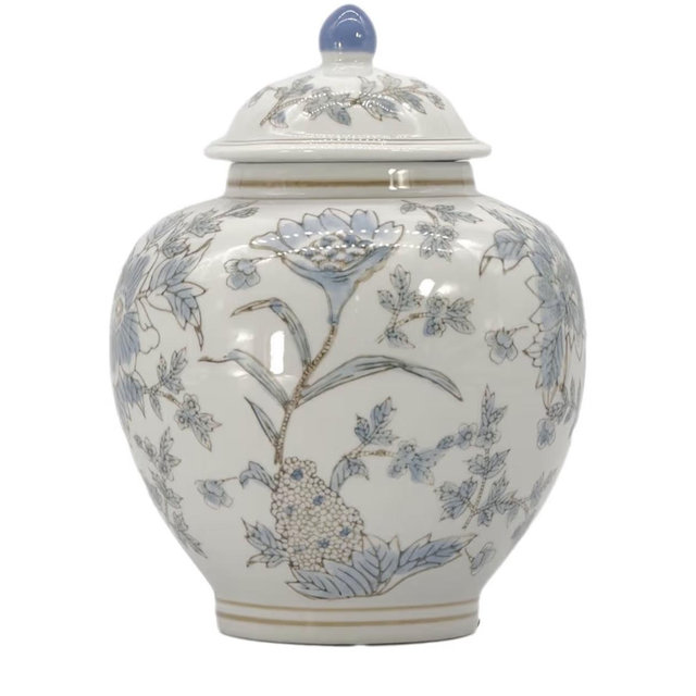 Galt International White & Light Blue Floral Chinoiserie Ginger Jar 10" with Lid - Ginger Jar, Tea Storage, Decorative, Home Decor Jar
