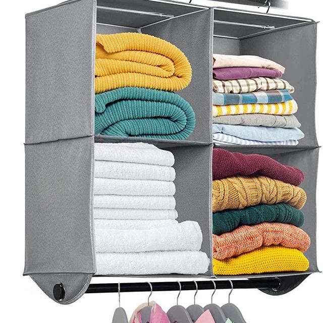 Hanging Closet Organizer with Garment Rod - 4 Section Heavy Duty Fabric Space Saver for Closets, Easy to Mount, Foldable Closet Storage Shelves, Grey with Black Metal Rod 24”W x 12”D x 29.5”H