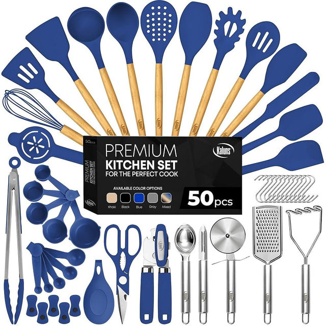 Kaluns 50 PCS Silicone Kitchen Utensils Set Complete Kitchen Set - 800°F Heat Resistant Non-Stick Premium Silicone Cooking Utensils W Wooden Handles - Can Opener, Masher, Turner, Silicone Spatula Set
