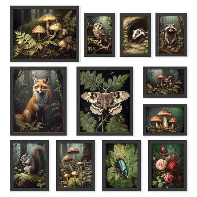 97 Decor Cottagecore Room Decor Aesthetic - Cottage Core Wall Decor, Dark Cottagecore Print, Vintage Botanical Wall Art, Nature Mushroom Poster Animal Pictures for Bedroom (UNFRAMED)