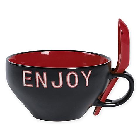 Tabletops Gallery "Enjoy" Mug and Spoon Set in Red