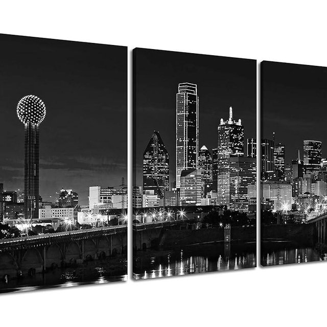NAN Wind 3 Pcs Black & White Canvas Art - Dallas Skyline Downtown Cityscape Night Scene Picture Prints On Canvas for Home Decor