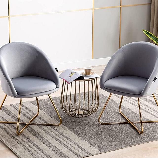 Artechworks Modern Velvet Dinning Chair with Golden Legs, Lounge Chair Set of 2, Accent Armchair for Living Dining Room Bedroom Reception Chair, Grey