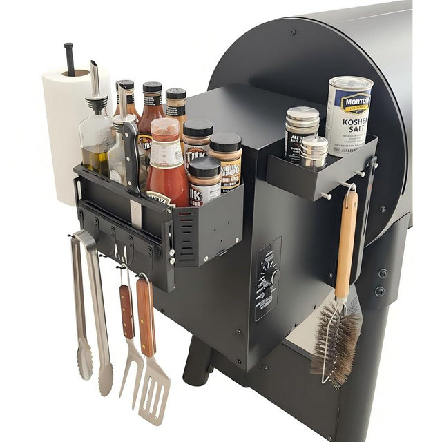 XOIEPZE Magnetic Grill Storage Bin for Traeger Ironwood & Pro, Double-Fix Smoker Organizer with Large Paper Towel Rack, Probe Box & Hooks, Black, Heavy Duty BBQ Accessories for Pit Boss