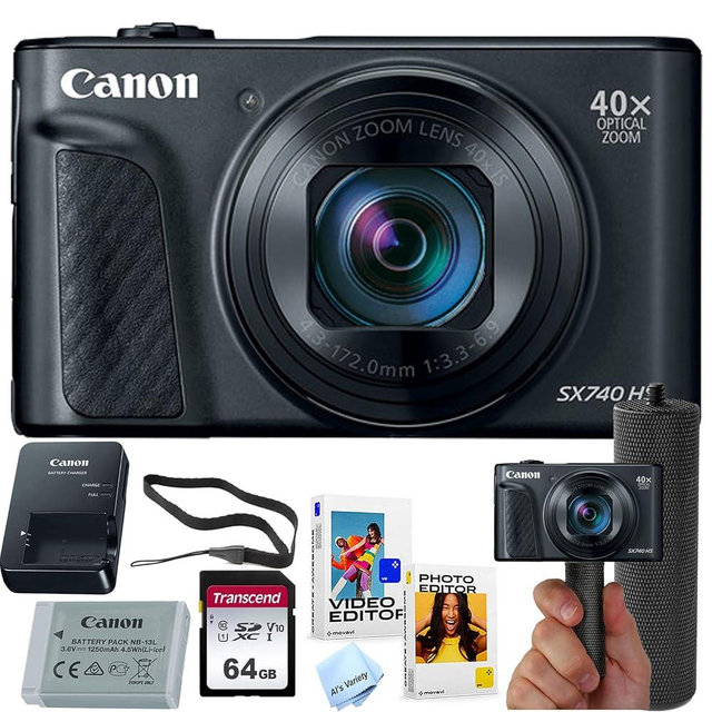 Canon Powershot SX740 HS Digital Camera (Black) + 64GB Memory + Stabilizing Grip + Software Pack +More (Value Bundle) (Renewed)