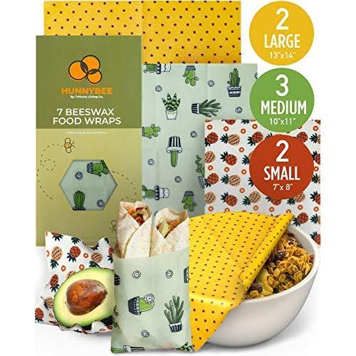HUNNYBEE Reusable Beeswax Food Wrap (7 Packs), Zero Waste, Beeswax Wrap, Eco Friendly, Organic, Bees Wax Food Storage Wrappers Cling Sandwich, Alternative To Plastic Bags, Sustainable Products