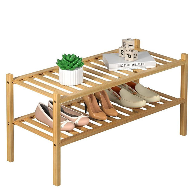 ROMGUAR CRAFT 2 Tier Bamboo Shoe Rack for Closet Free Standing Wood Shoe Shelf for Entryway Small Space Stackable 27"x11"x13" (Natural)