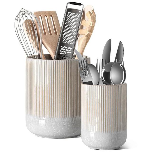 LE TAUCI Utensil Holder, 7.3"+5.4" Ceramic Kitchen Utensil Holder for Countertop, Large Cooking Utensil Crocks for Kitchen Counter, Morden Utensil Organizer for Spatula, Set of 2, Glaze Marble Gray