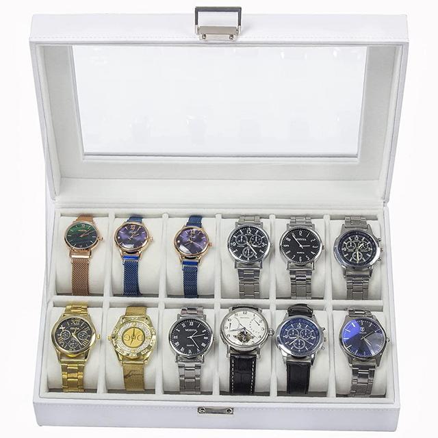 GUKA Watch Box 12 Slot Case Real Glass Organizer Watch Case with Removable Watch Pillow, White Synthetic Leather Watch Display