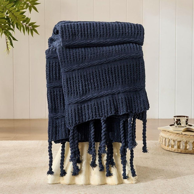 Boho Knitted Chenille Blanket with Tassels - Lightweight & Soft All-Season Throw - 3D Classic Pattern for Living Room Bedroom Couch, Royal Blue, Throw 50"x60"