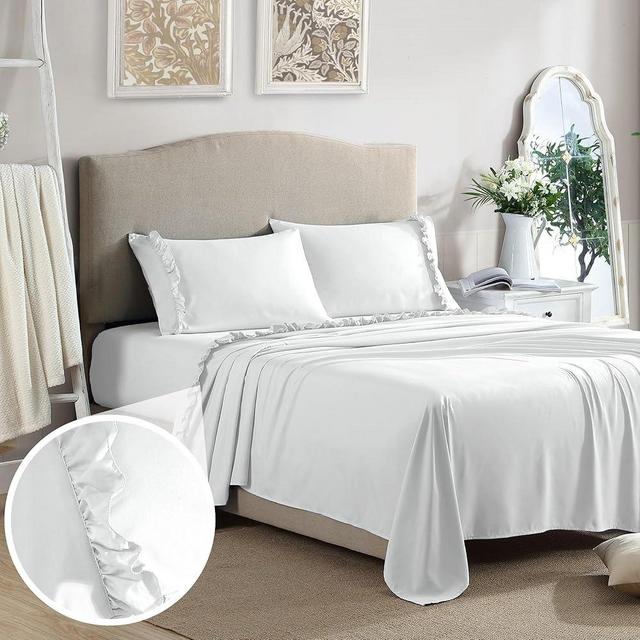 Swift Home Ultra-Soft Elegant 2-inch Ruffled Hem Design on Flat Sheet and Pillowcases, Wrinkle Resistant, Fade Resistant, Deep Pocket, Double Brushed 4-Piece Microfiber Sheet Set - Queen, White