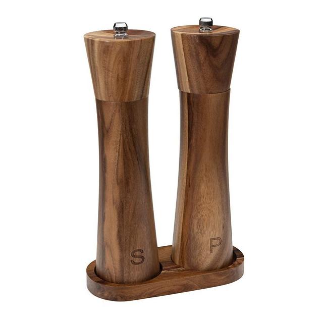 Salt and Pepper Grinder Set with Wood Tray - 2 Pack Wooden 8 inch with tray