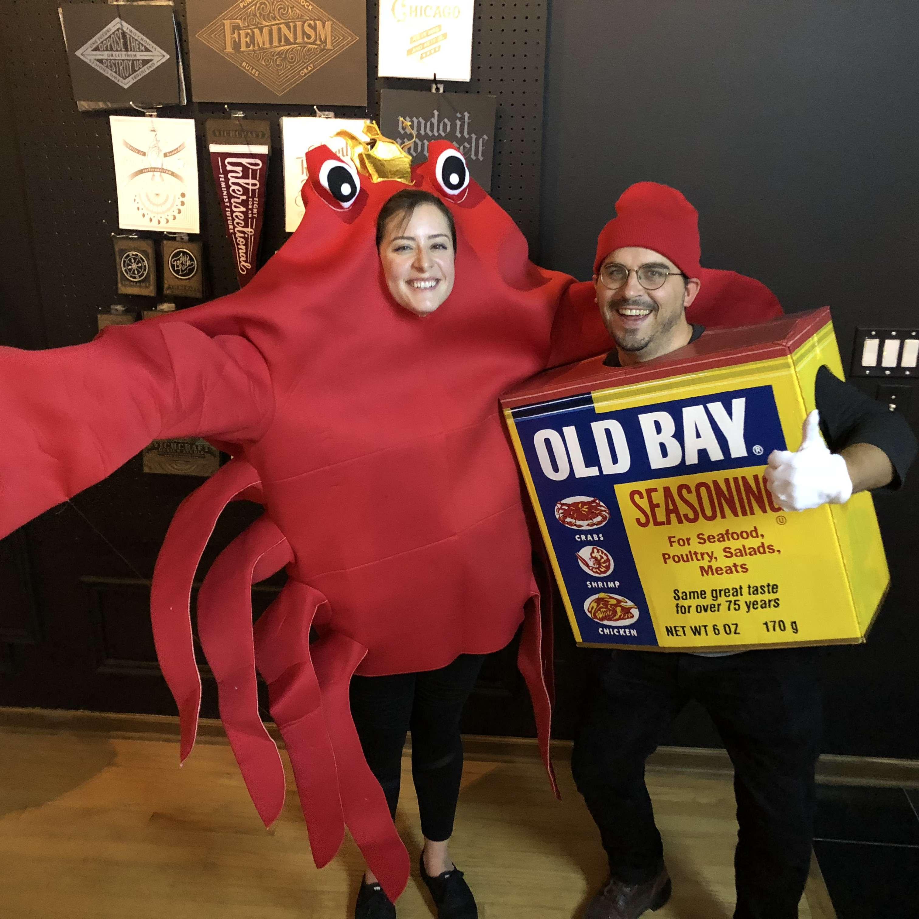 just another day in chicago! jk, halloween 2018 and stephen PAINTED that gorgeous old bay box himself. kelly bought her crab costume online & knocked over her drink bc the legs are tied together