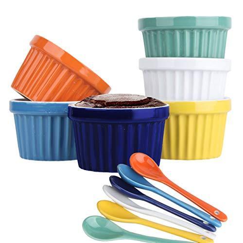 Souffle Dish Ramekins for Baking - 4 Ounce (Set of 6, Assorted Colors with 6 Extra Spoons) 4 Oz, Half Cup Ceramic Oven Safe Round Bowl for Condiment Sauces Dip Dressing Dessert Pudding C