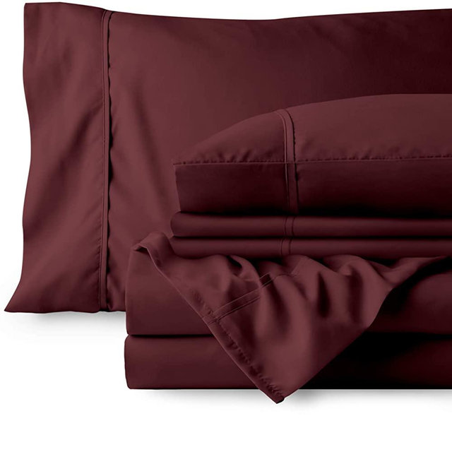 Bare Home 6 Piece 1800 Deep Pocket Bed Sheet Set - Ultra-Soft Hypoallergenic - 4 Pillowcases (Queen, Burgundy)