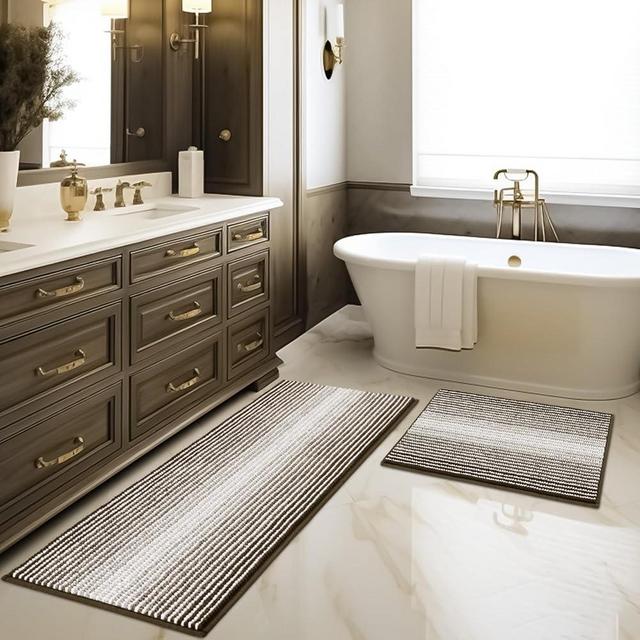 BSICPRO Bathroom Rugs and Mats Sets, 2 Piece Thick Absorbent Chenille Bath Mat Rug Set Non Slip, Soft Shaggy Bath Room Floor Mats for Bathroom, Machine Washable (Latte, 20" x 47" Plus 20" x 32")