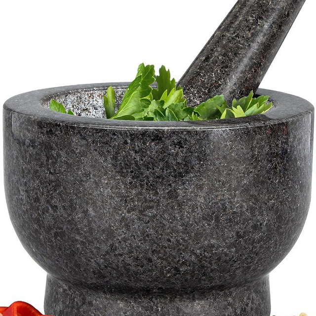 Heavy Duty Large Mortar and Pestle Set, 1.5 Cups, 100% Natural Granite Mortar and Pestle Stone Grinder Bowl, Molcajete Bowl, Avocado Masher Guacamole Bowls, Black