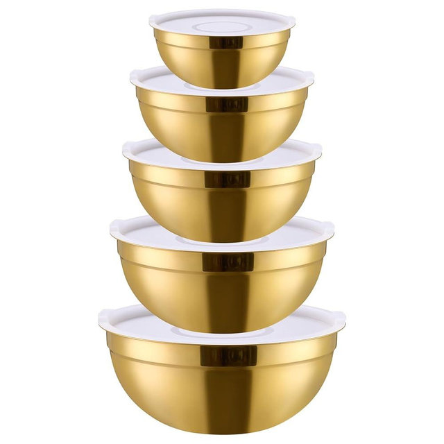 DINYWOW 5 Piece Gold Mixing Bowls with Lids for Kitchen, Stainless Steel Mixing Bowls Set Ideal for Baking, Prepping, Cooking and Serving Food, Nesting Metal Mixing Bowls for Space Saving Storage