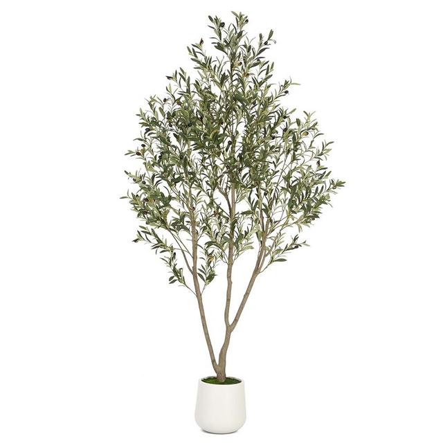 VIVATREES Olive Trees Artificial Indoor, 7FT Tall Faux Olive Tree with White Tall Planter, Artificial Plants with Natural Wood Trunk and Lifelike Fruits for Home Office Decor