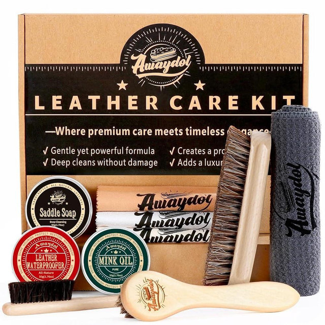 Awaydol 10 PCS Leather Boot Care Kit - Horsehair Brushes,Saddle Soap,Waterproofing Wax,Mink Oil, Polishing Cloth,Microfiber cloth, Shine Shoe Cleaning Kit Gift for Men Women Husbands Dads ﻿