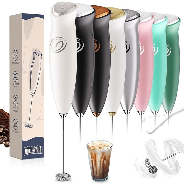 HeyLotie Milk Frother Handheld Frother Wand Drink Mixer Handheld Coffee Stirrers Electric Frother for Coffee Mixer Wand with 2 Whisk frother for protein powder coffee frother handheld-White