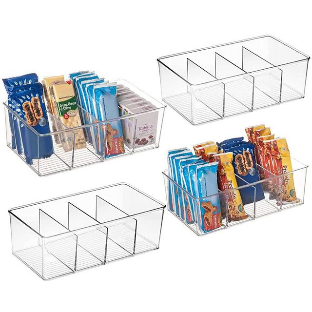 ClearSpace Plastic Pantry Organization Storage Bins with 4 Dividers (4 Pack) – Perfect Kitchen Organization Storage For Snacks, Chips, Bars, Cereals, Juice Boxes – Refrigerator/Cabinet Organizer Bins