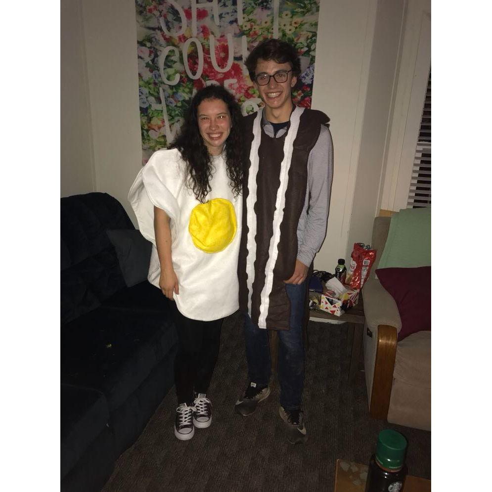 Our first picture together. We went on our first date hiking at a nearby waterfall, and ended up getting convinced to wear one of Alexis's friends costumes she had on hand.... as bacon and eggs!