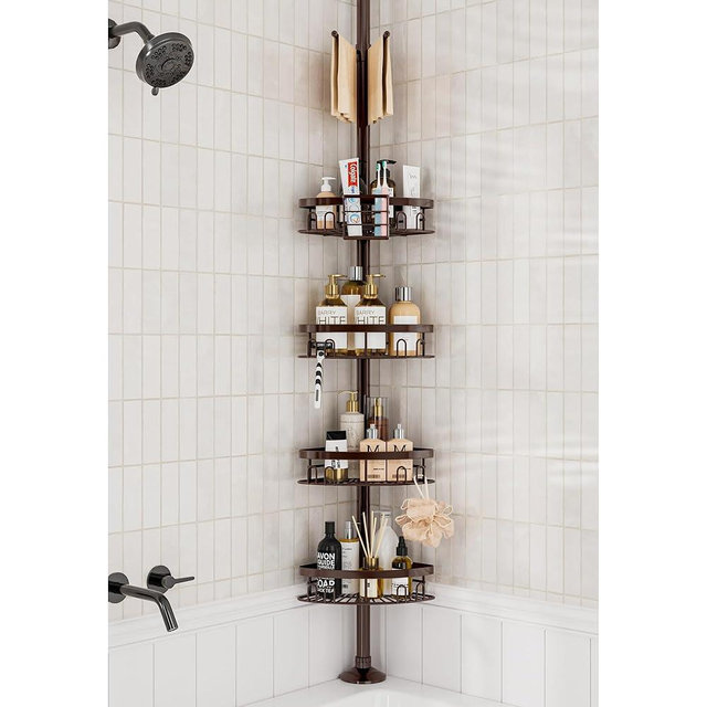 cutefafa Rustproof Shower Corner Caddy Shelf for Bathroom Tension Pole Organizer with 4 Baskets for Bathtub Shampoo Storage from 23.6 to 114.5 Inch with Towel Bar (Bronze)