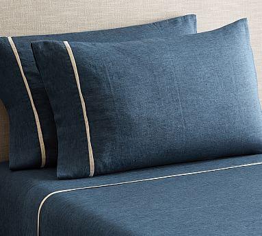 Belgian Flax Linen Contrast Flange Extra Pillowcases, Set of 2, Standard, Midnight/Natural