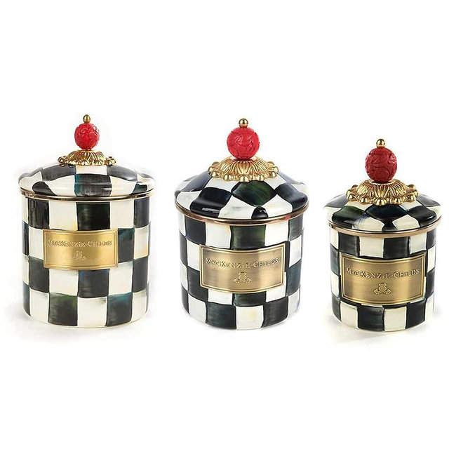 MACKENZIE-CHILDS Courtly Check Enamel Canister, Black-and-White Kitchen Storage Container with Lid, Set of 3