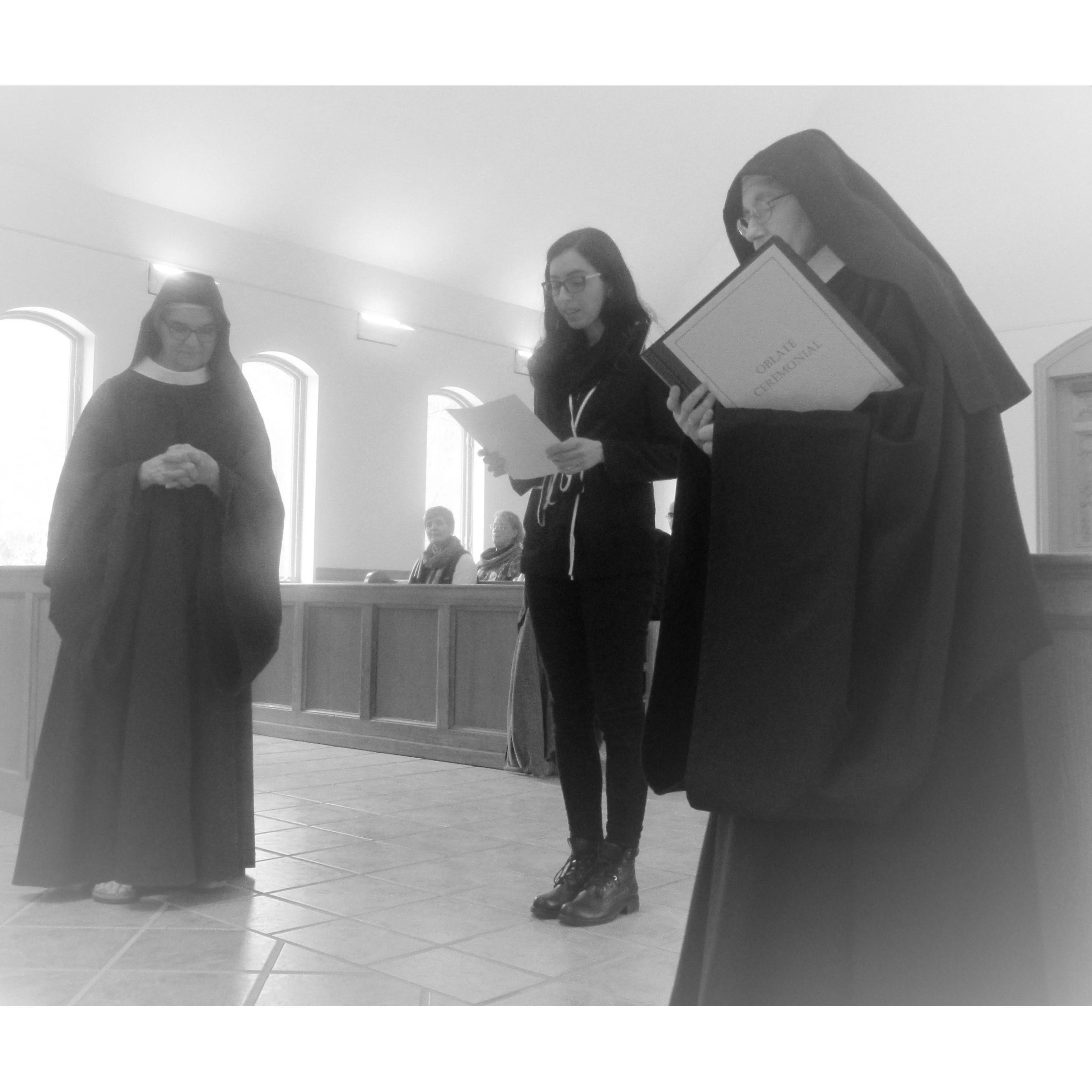 Sara made her final oblation and took the oblate name Maria at St. Scholastica Priory in March, 2019. During this ceremony, she promised to serve humankind according to the Rule of St. Benedict.