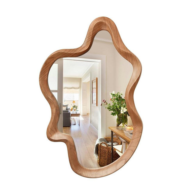 sawsile Irregular Wall Mirror,21""x 32""Asymmetrical Mirror Wood,Wooden Framed Wall Mirror,Modern Large Vanity Bathroom Mirror,Walnut Wavy Mirror for Entryway,Bedroom,Living Room,Washroom, Brown a