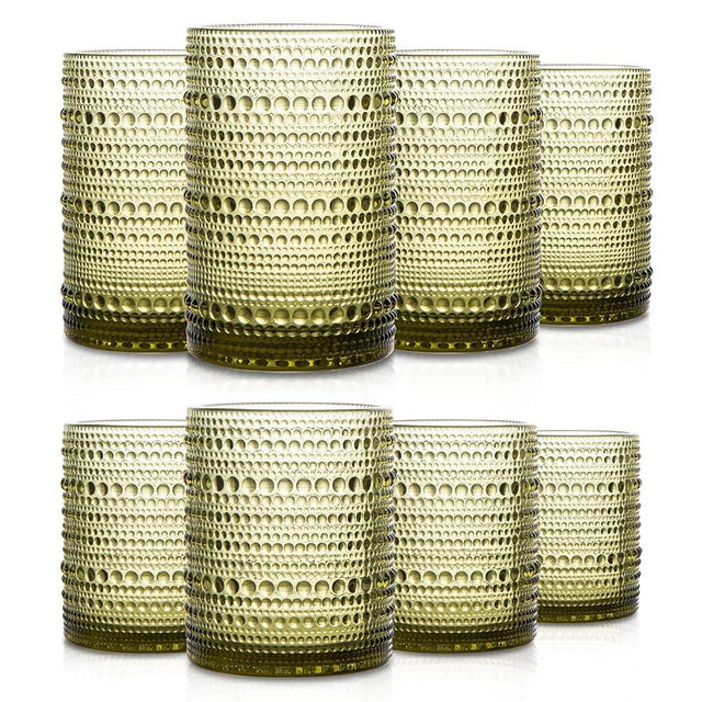 SoulTimes Set of 8 Hobnail Drinking Glasses Vintage Green Glassware - 4 Highball Glasses 14 oz, 4 Rocks Glass Cup 11 oz, Embossed Old Fashioned Glassware for Water, Wine, Beer, Juice, Mixed Drinkware