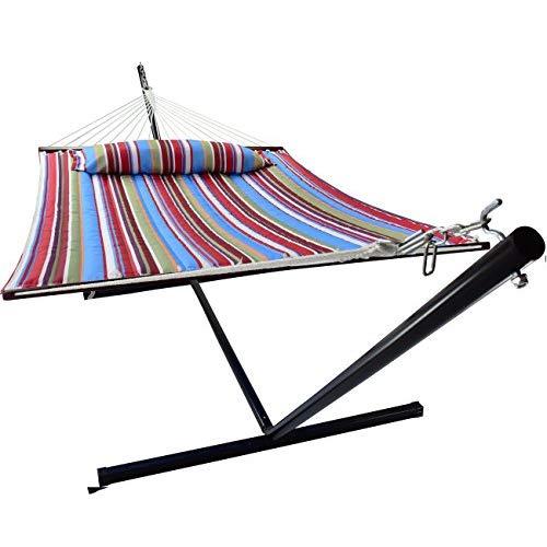 Sorbus Hammock with Spreader Bars and Detachable Pillow, Heavy Duty, 450 Pound Capacity, Accommodates 2 People, Perfect for Indoor/Outdoor Patio, Deck, Yard (Hammock with Stand, Blue/Red)