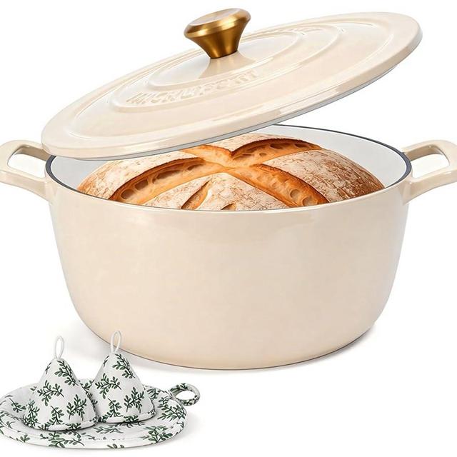 JINCHUFURI Cast Iron Dutch Oven with Lid - 5 Quart Enameled Dutch Oven for Sourdough Bread Baking, Pre-Seasoned Pot Oven Safe