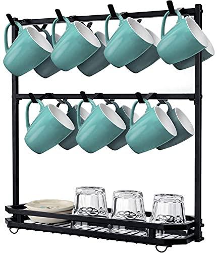 Large Coffee Mug Holder Stand Countertop, Mug Tree Rack for 14 Mugs, 2 Tier Counter Mug Display Storage, Metal Wire Tea Cup Holder with Basket, for Coffee Station Kitchen Organizer, Not Included Mugs