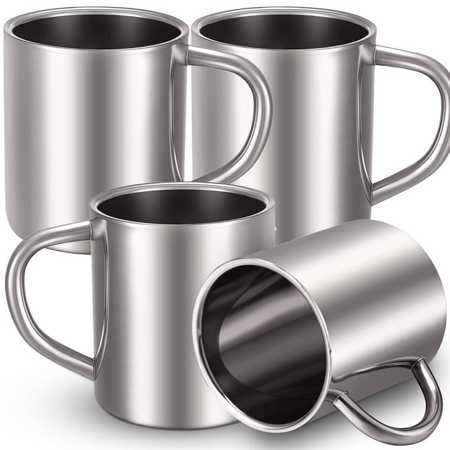 Cunhill 4 Set Small Stainless Steel Coffee Mug 13.5oz/400ml Metal Double Walled Cups Camping Mug with Handle Dishwasher Safe Tea Cups for Camping Travel Outdoors Rv Keep Drinks Hot