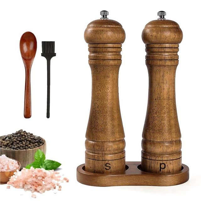 Wooden Salt and Pepper Grinder Set, Refillable Salt & Pepper Mill with Tray & Spoons, Adjustable Rubber Wood Salt & Pepper Shakers Holder with Ceramic Grinder, 8 Inches, 2 Packs