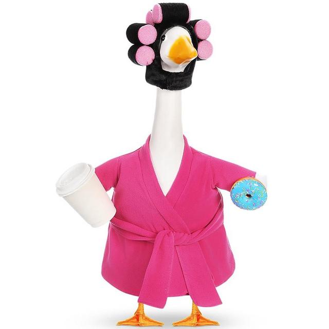 Shyyween Lady Porch Goose Outfit for 23'' Cement Plastic Lawn Goose Statue Clothes Bathrobe Coffee Cup Curlers for Outdoor Garden Yard Patio Decoration(Rose Red)