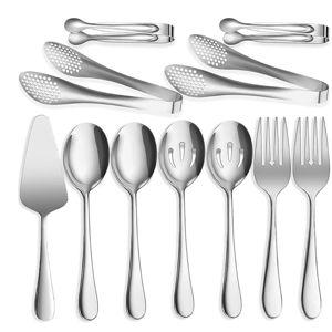 11 PCS Serving Utensils, Large Stainless Steel Spoons Forks Tongs, Pie Server, Great for Hostess Buffet Catering Banquet Party, Silver